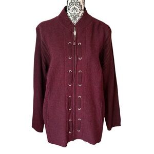 Burgundy Zipper Cardigan with Wool Body Sweater Sleeves & Gromet Weave Detail 3X